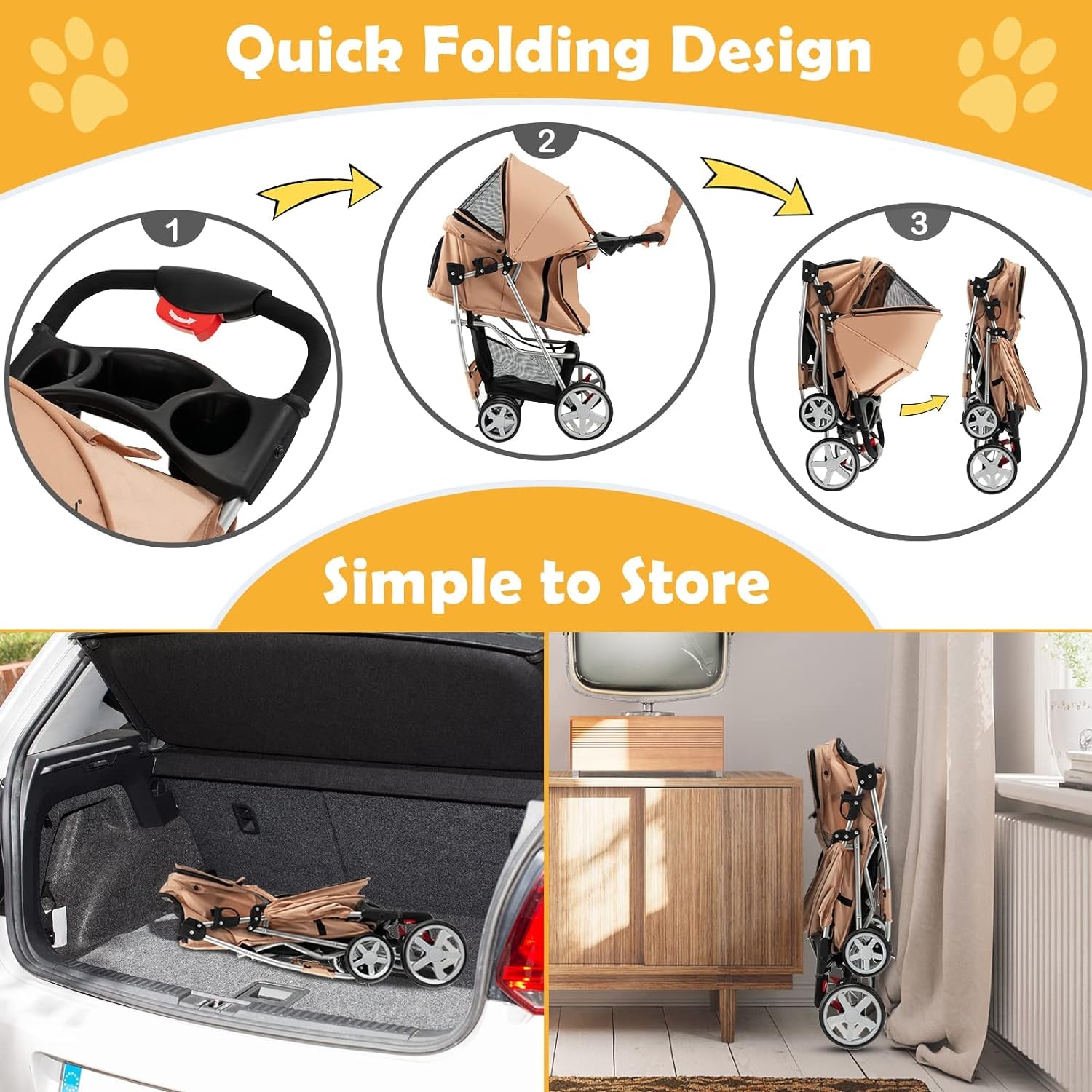 Folding Dog Stroller for Small Medium Dogs Cats Puppy, 4 Lockable Wheels Cat Stroller Pet Travel Carrier Strolling Cart, Safety Belt, Removable Liner and Storage Basket (Beige)