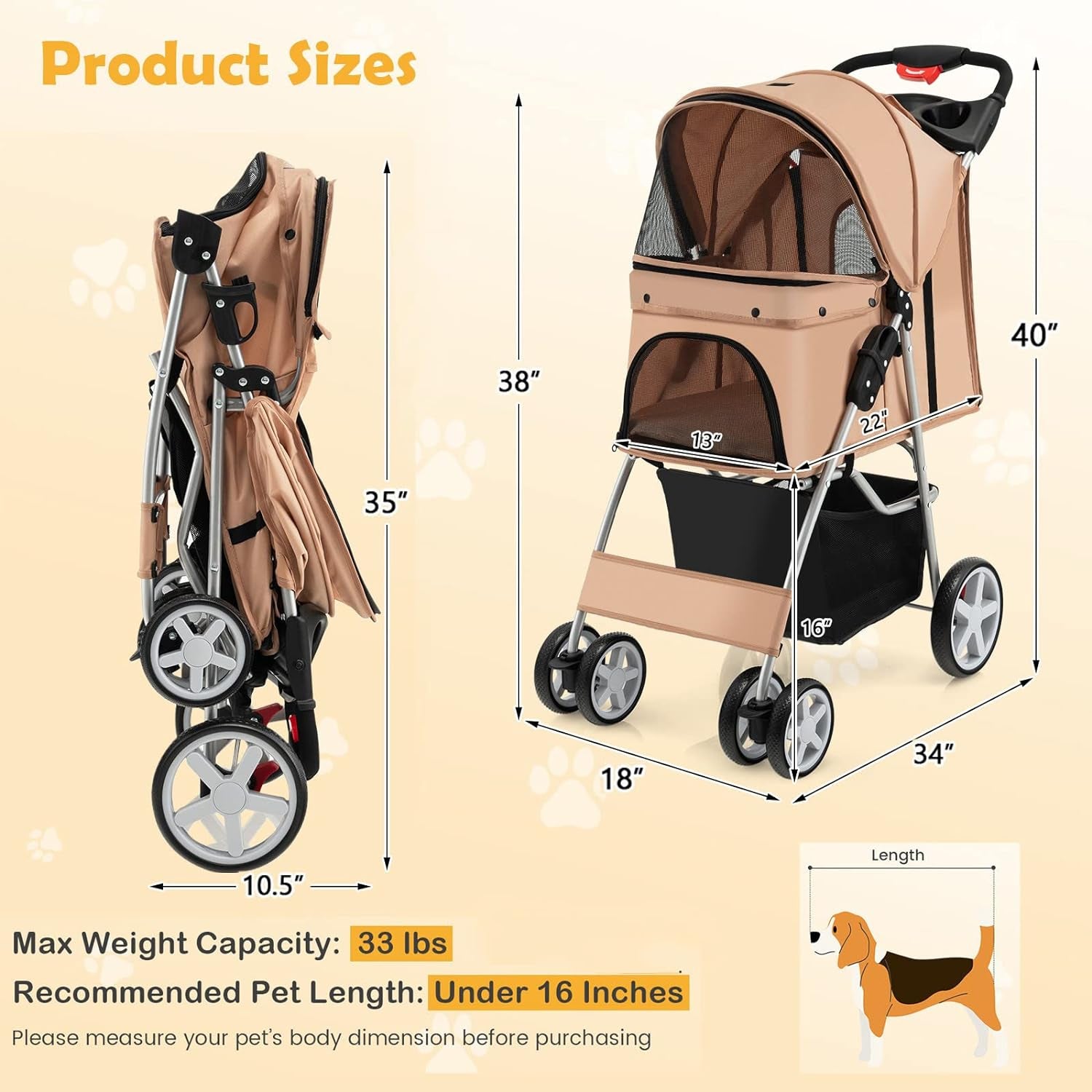 Folding Dog Stroller for Small Medium Dogs Cats Puppy, 4 Lockable Wheels Cat Stroller Pet Travel Carrier Strolling Cart, Safety Belt, Removable Liner and Storage Basket (Beige)