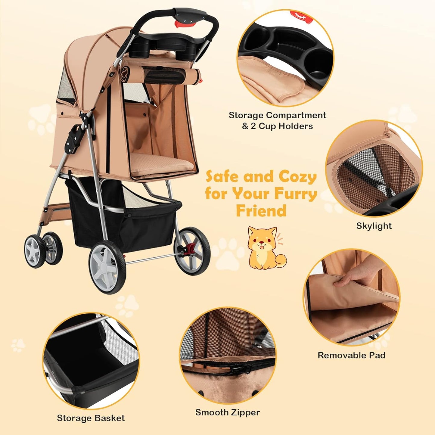 Folding Dog Stroller for Small Medium Dogs Cats Puppy, 4 Lockable Wheels Cat Stroller Pet Travel Carrier Strolling Cart, Safety Belt, Removable Liner and Storage Basket (Beige)