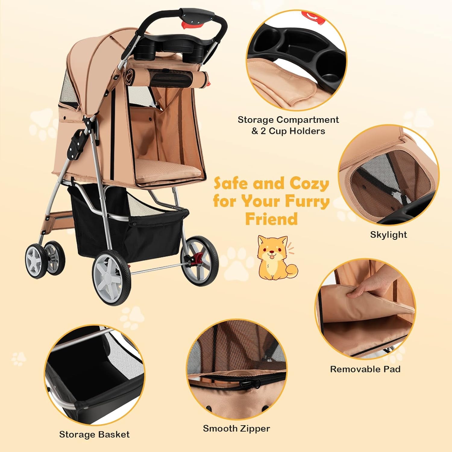 Folding Dog Stroller for Small Medium Dogs Cats Puppy, 4 Lockable Wheels Cat Stroller Pet Travel Carrier Strolling Cart, Safety Belt, Removable Liner and Storage Basket (Beige)