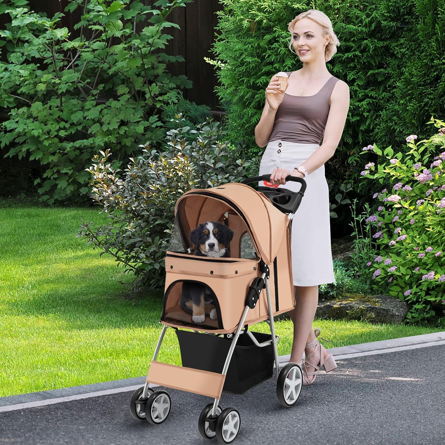 Folding Dog Stroller for Small Medium Dogs Cats Puppy, 4 Lockable Wheels Cat Stroller Pet Travel Carrier Strolling Cart, Safety Belt, Removable Liner and Storage Basket (Beige)