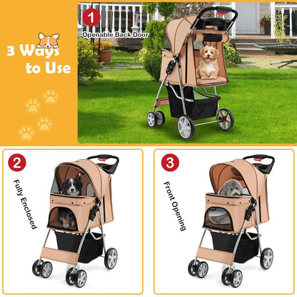 Folding Dog Stroller for Small Medium Dogs Cats Puppy, 4 Lockable Wheels Cat Stroller Pet Travel Carrier Strolling Cart, Safety Belt, Removable Liner and Storage Basket (Beige)