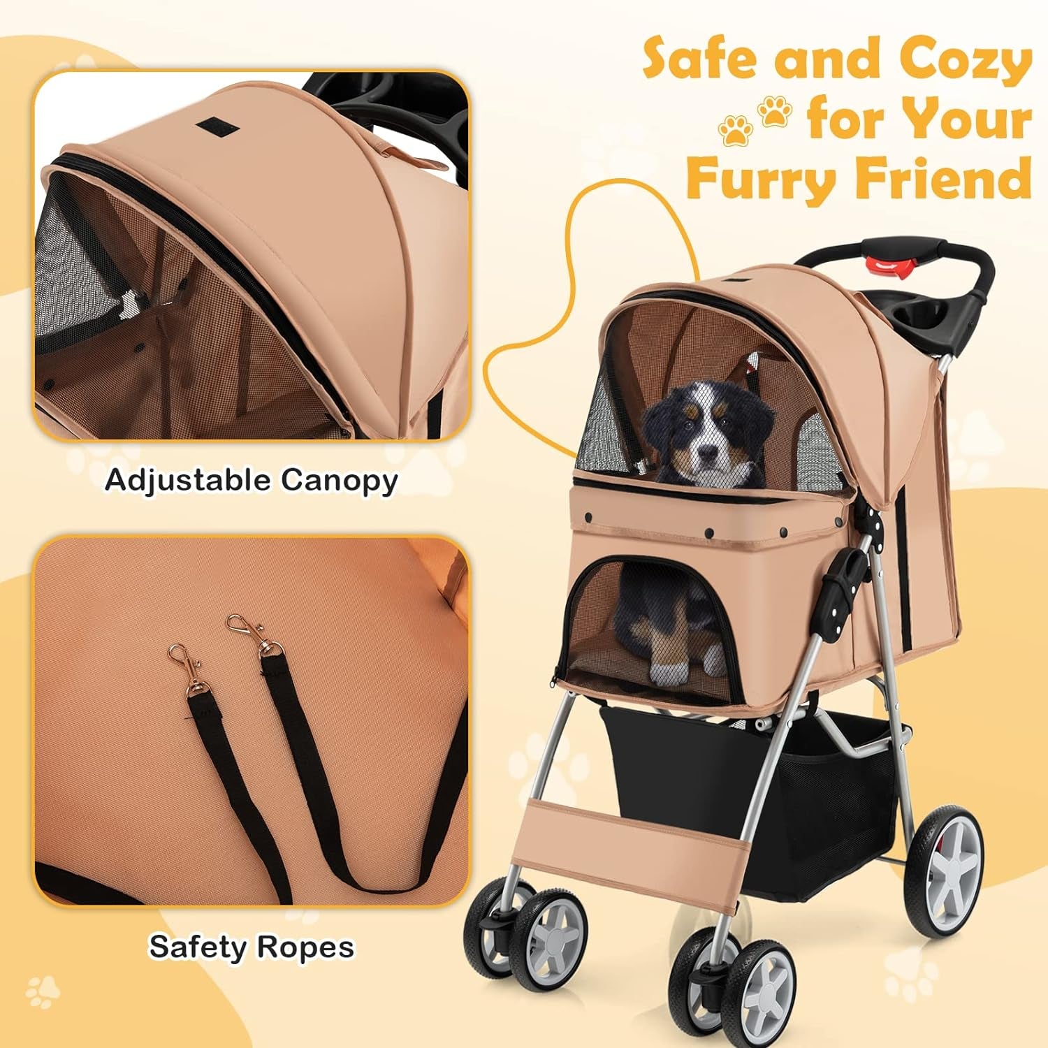 Folding Dog Stroller for Small Medium Dogs Cats Puppy, 4 Lockable Wheels Cat Stroller Pet Travel Carrier Strolling Cart, Safety Belt, Removable Liner and Storage Basket (Beige)