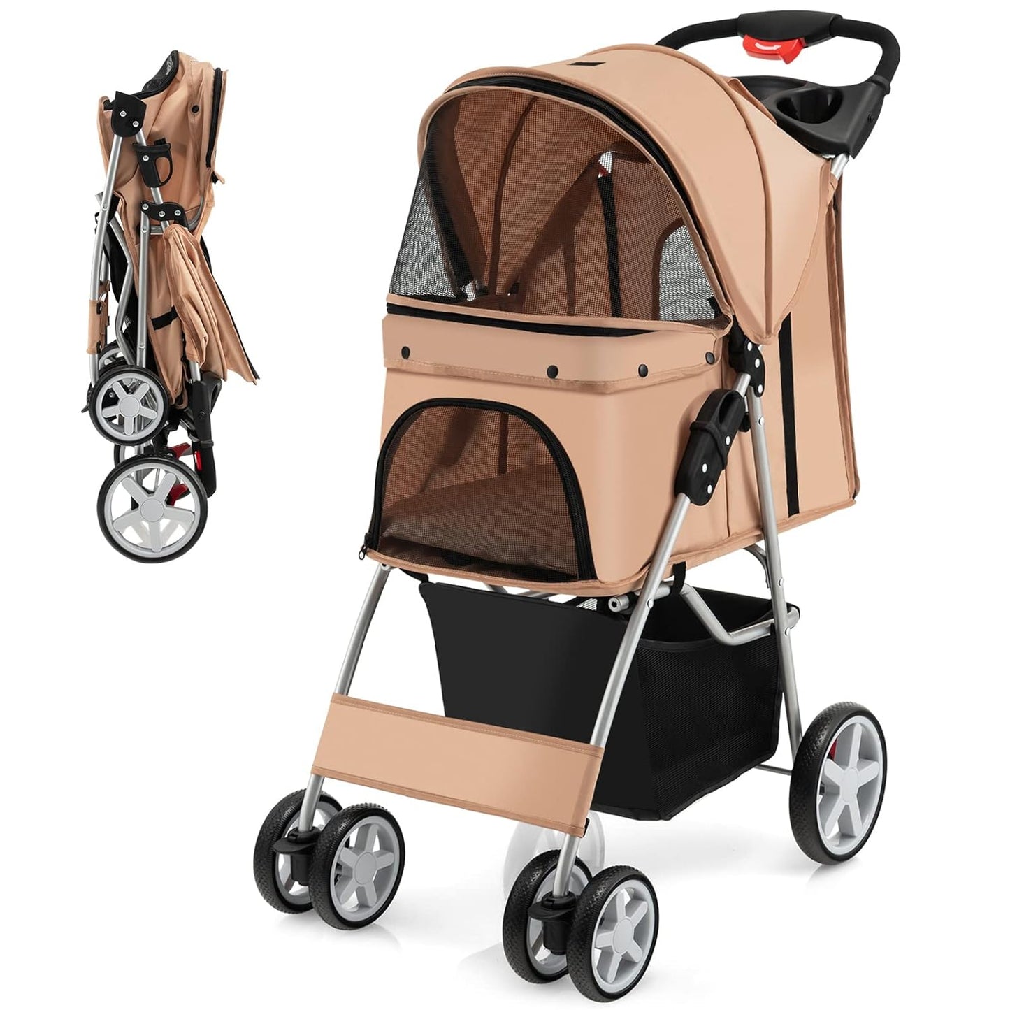 Folding Dog Stroller for Small Medium Dogs Cats Puppy, 4 Lockable Wheels Cat Stroller Pet Travel Carrier Strolling Cart, Safety Belt, Removable Liner and Storage Basket (Beige)